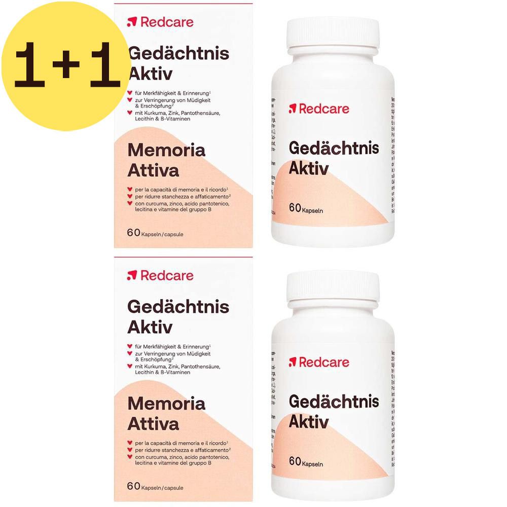 Deux boîtes et deux flacons Redcare Gedächtnis Aktiv. Flacons et boîtes blancs avec texte rouge. 60 gélules.