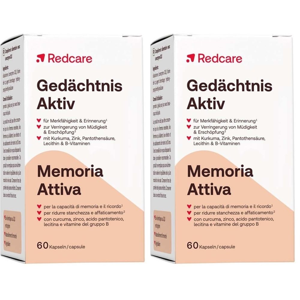 Deux boîtes blanches avec texte rouge. Inscription: Gedächtnis Aktiv, Memoria Attiva. Contient 60 gélules. Avec informations.
