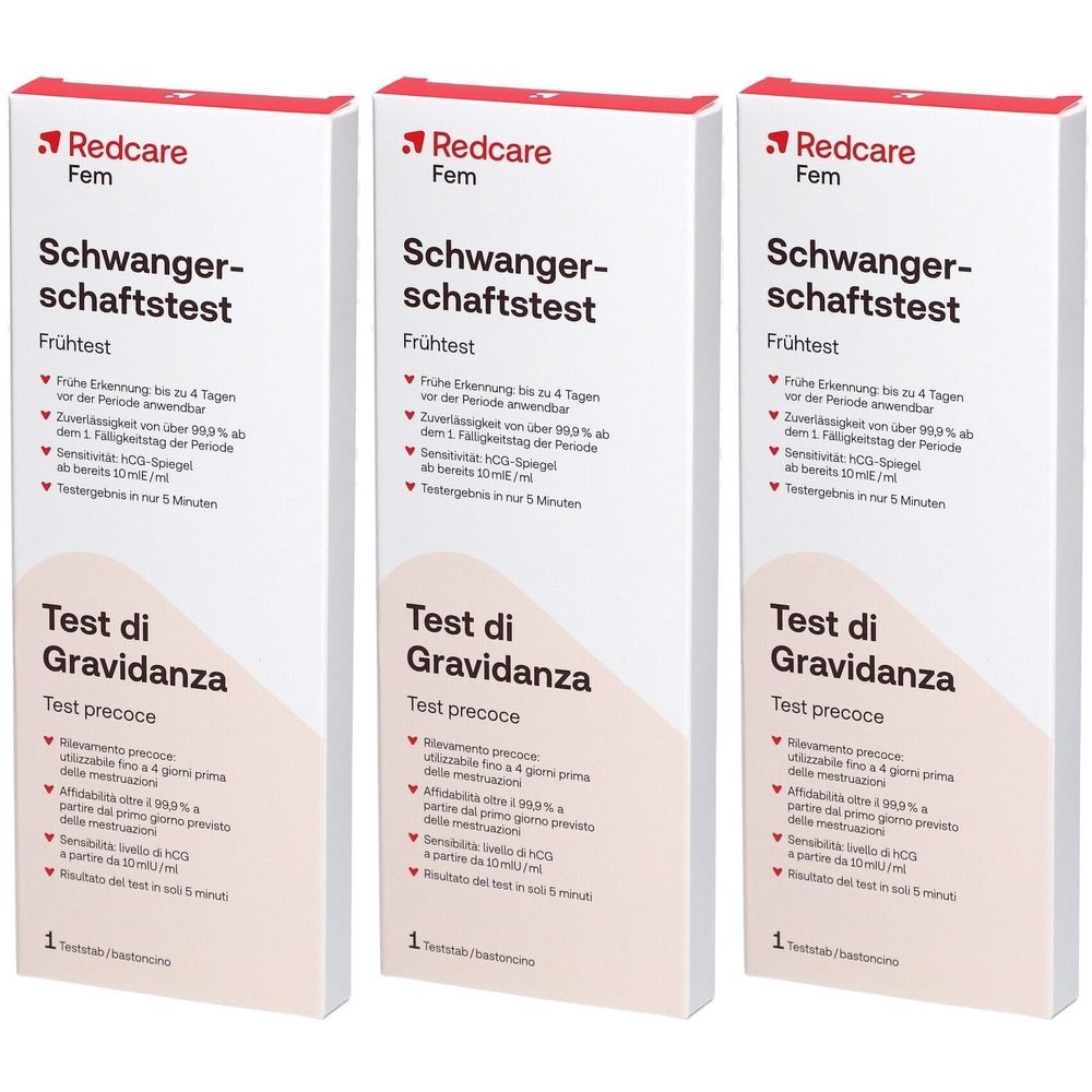 Trois boîtes de test de grossesse. Inscription : Redcare Fem Schwangerschaftstest. Texte en allemand et italien. Emballage blanc avec accent rouge.