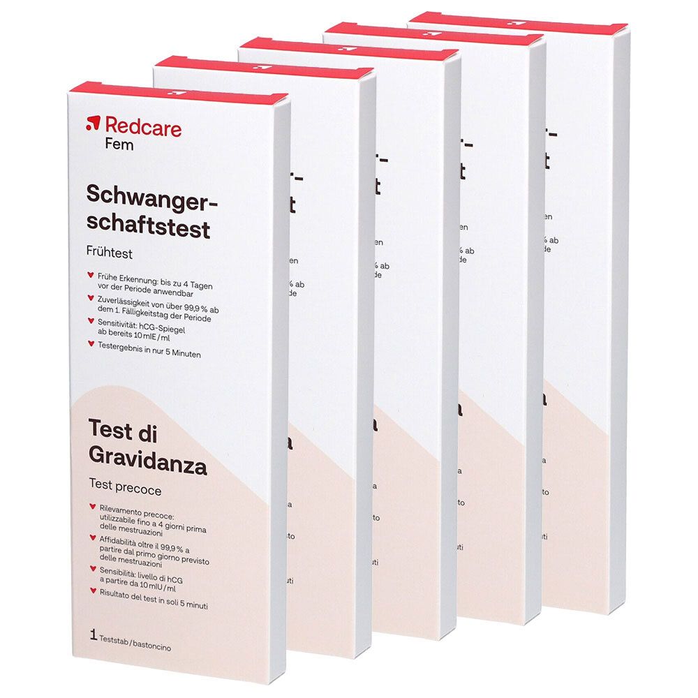Plusieurs boîtes de test de grossesse. Boîtes blanches avec le dessus rouge et informations produit en allemand et italien.
