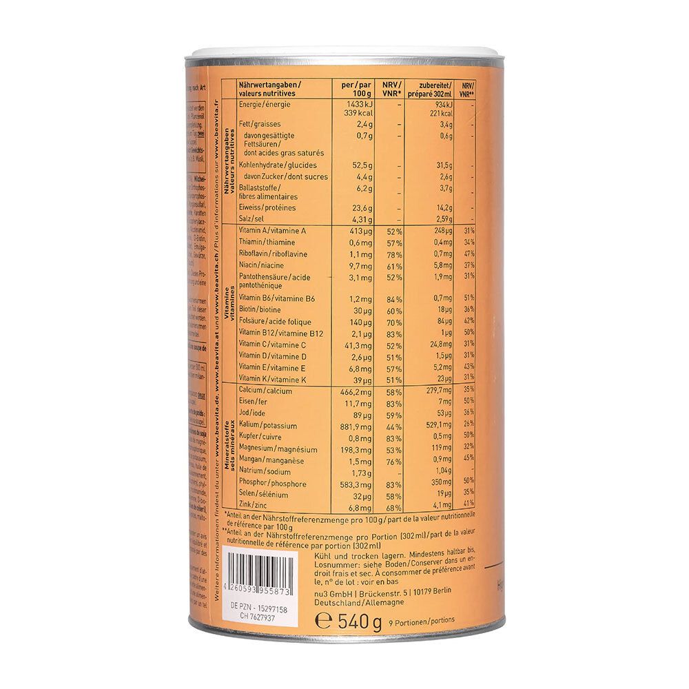 Boîte avec informations nutritionnelles. Inscription : BEAVITA. Liste des valeurs nutritionnelles par 100g et par portion. Texte en allemand.