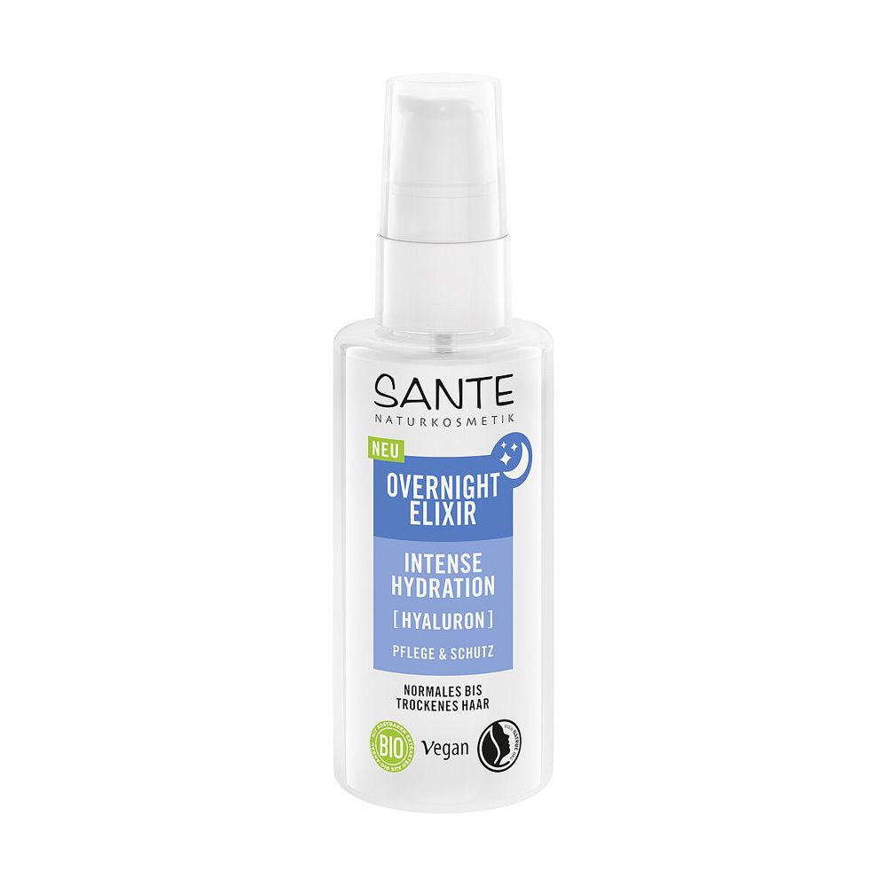 Flacon blanc avec vaporisateur. Inscription : SANTE, Overnight Elixir, Intense Hydration, Hyaluron. Labels Bio et Vegan.