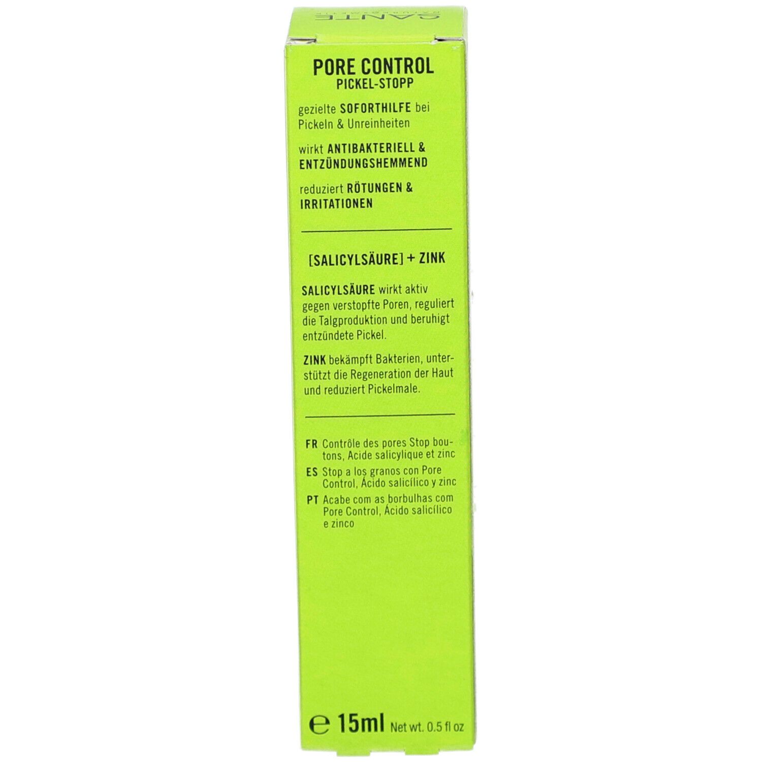Côté de la boîte. Texte: SANTE PORE CONTROL, PICKEL-STOPP. Action antibactérienne. Réduit les rougeurs. Ingrédients. e 15ml.