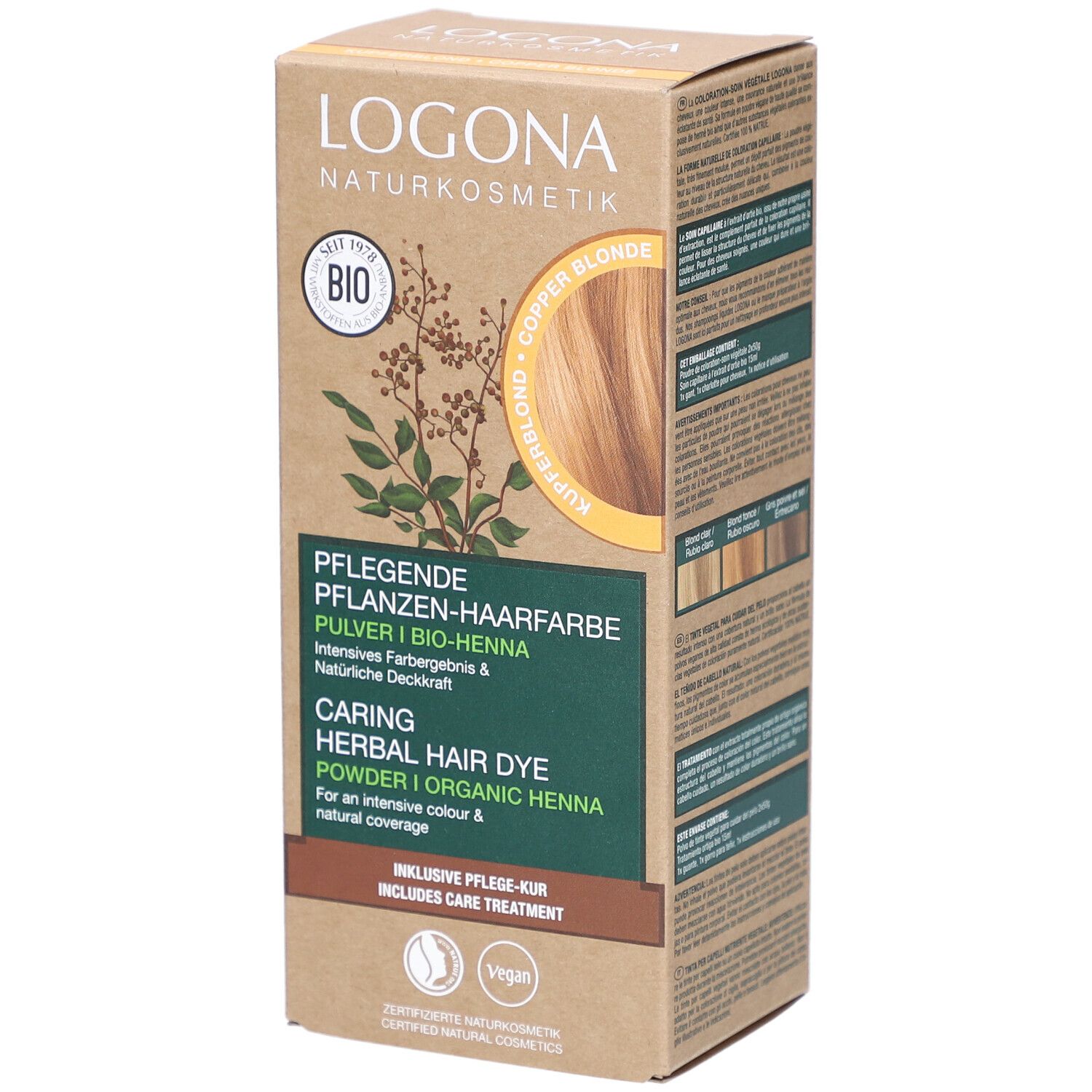Boîte en carton avec informations produit. Logo et nom visibles. Échantillon blond cuivré. Label Bio et logo Vegan.