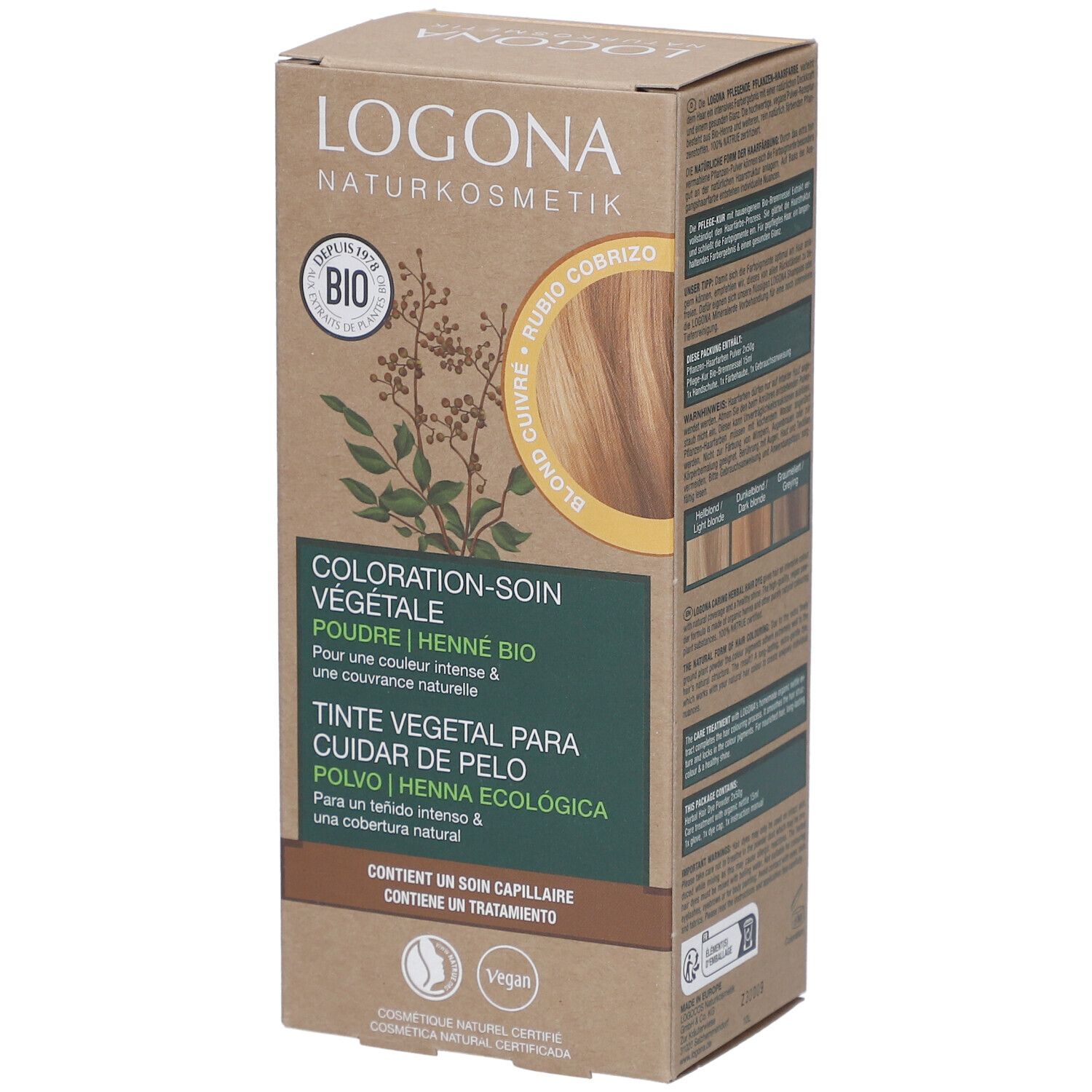 Boîte en carton avec informations produit. Logo et nom visibles. Échantillon blond cuivré. Label Bio et logo Vegan.