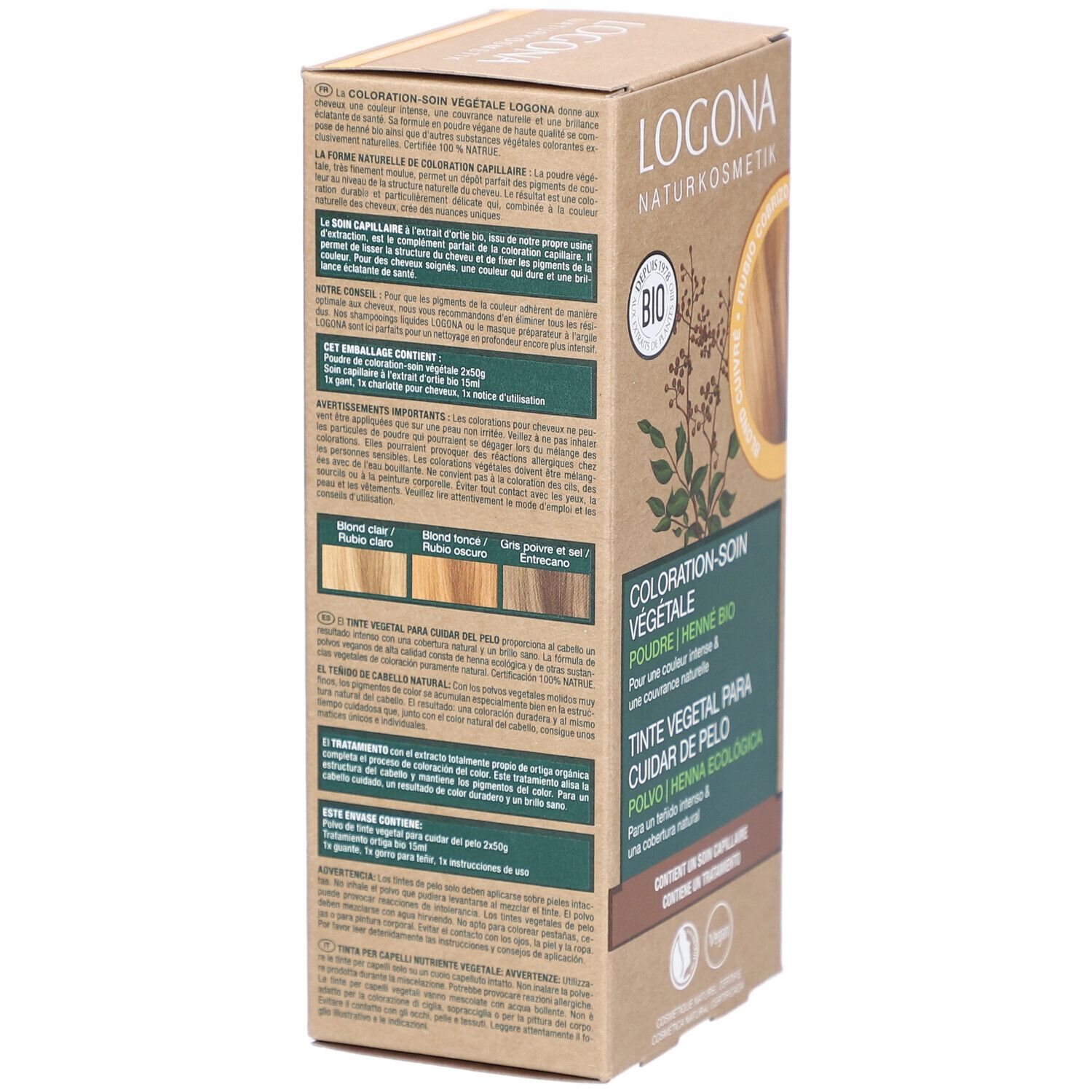 Dos de l'emballage avec texte. Exemples de comparaison de couleurs. Logo et nom du produit. Label Bio. Logo Vegan.