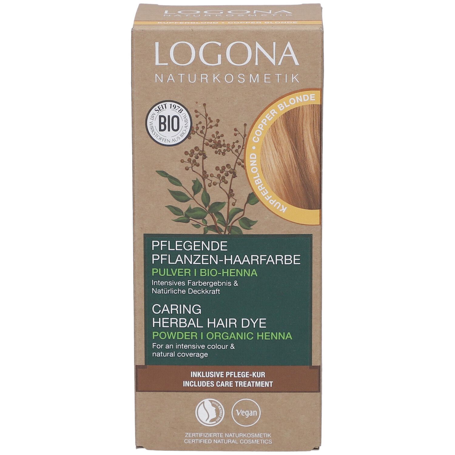 Boîte en carton avec informations produit. Logo et nom visibles. Échantillon blond cuivré. Label Bio et logo Vegan.