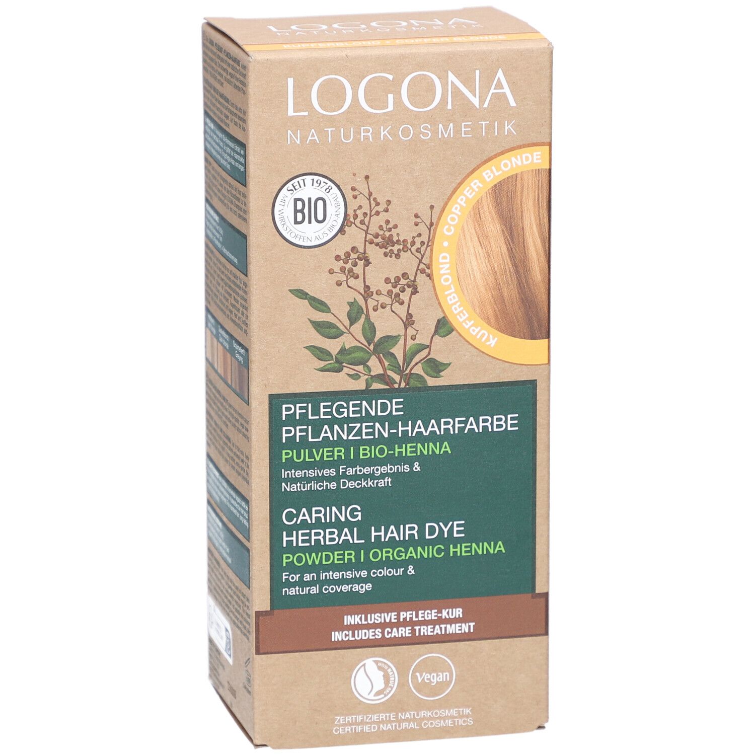 Boîte en carton avec informations produit. Logo et nom visibles. Échantillon blond cuivré. Label Bio et logo Vegan.