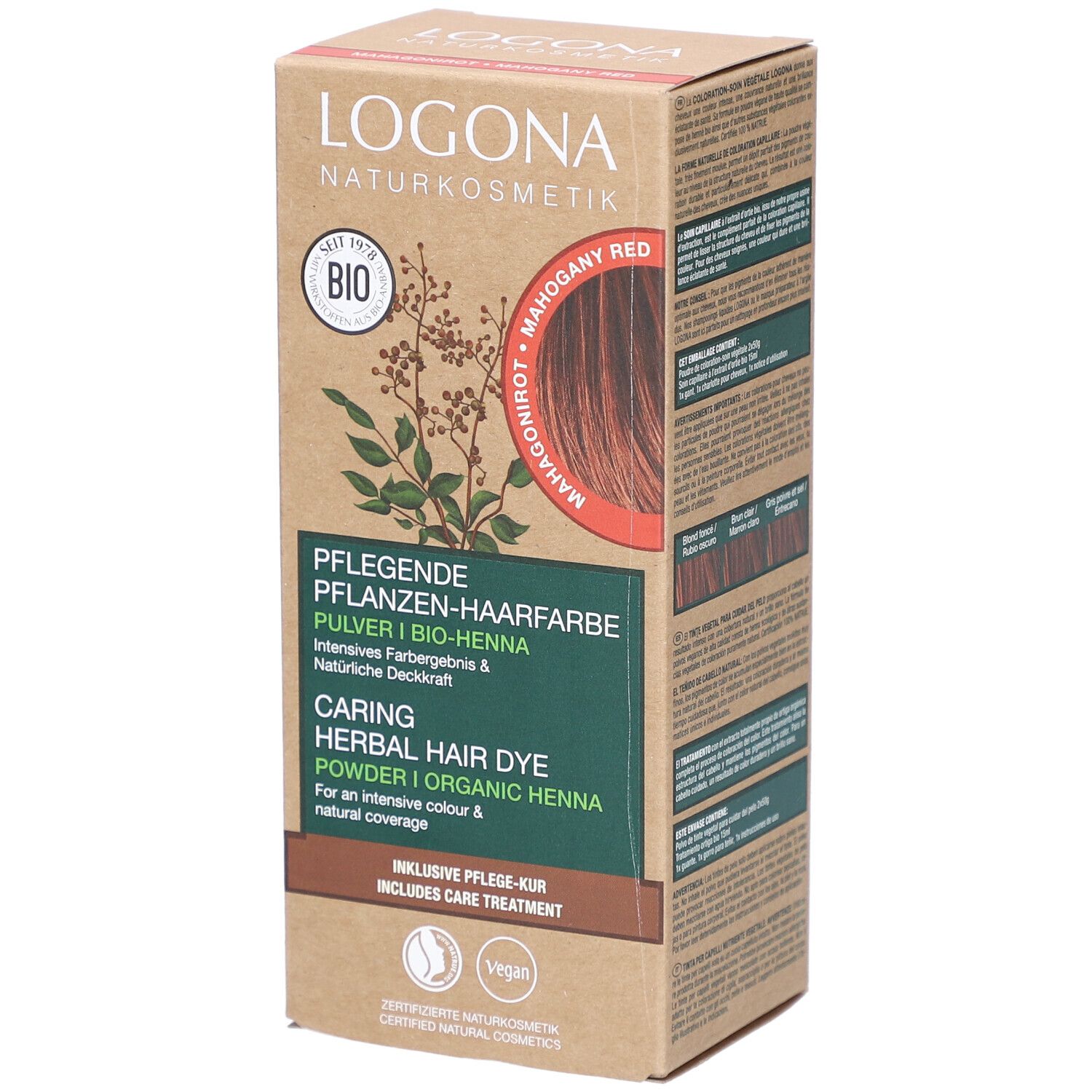 Logona coloration végétale en poudre, acajou rouge bio. Boîte avec informations et logo. Soin inclus. Vegan.