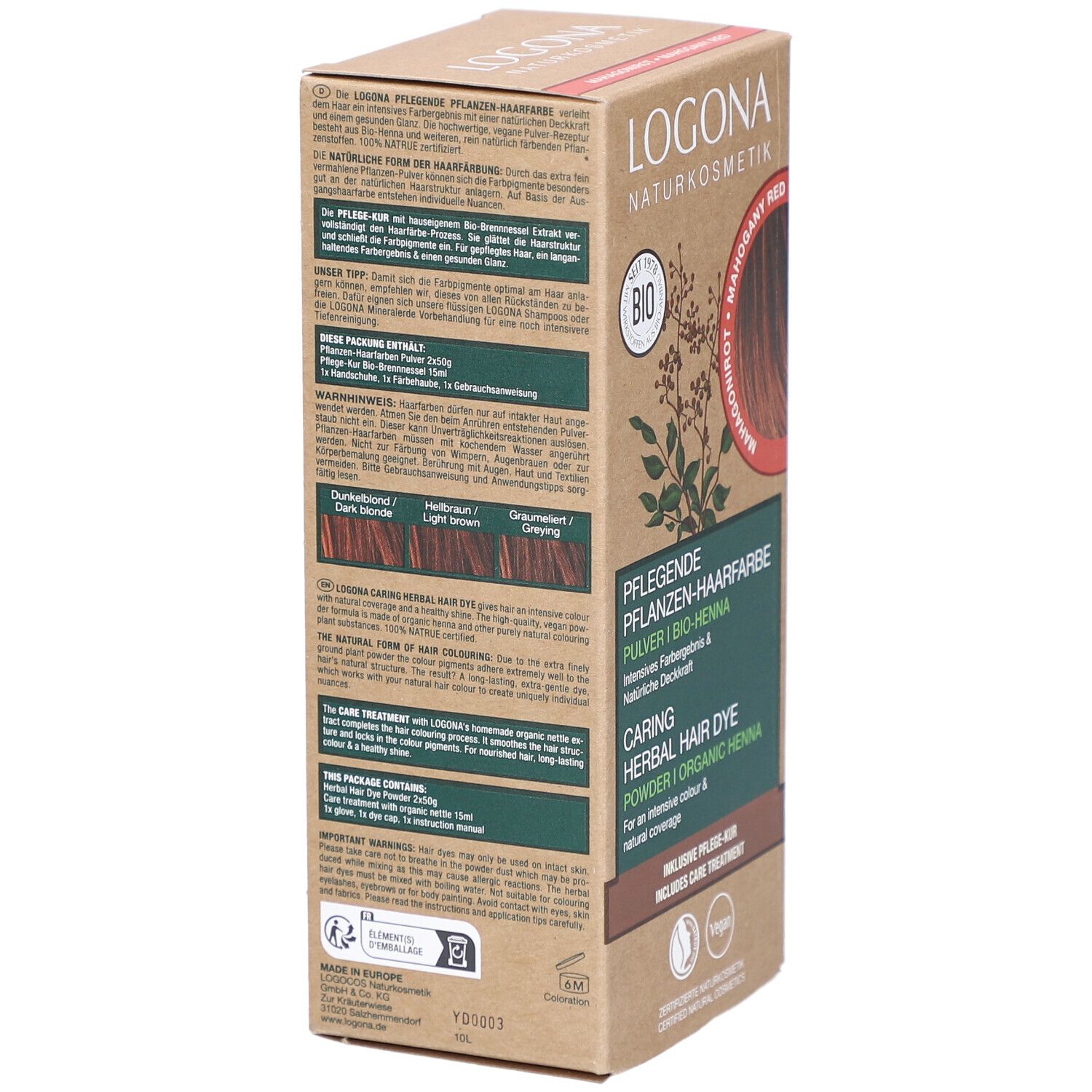 Logona coloration végétale en poudre, acajou rouge bio. Boîte avec informations et logo. Texte au dos. Vegan.