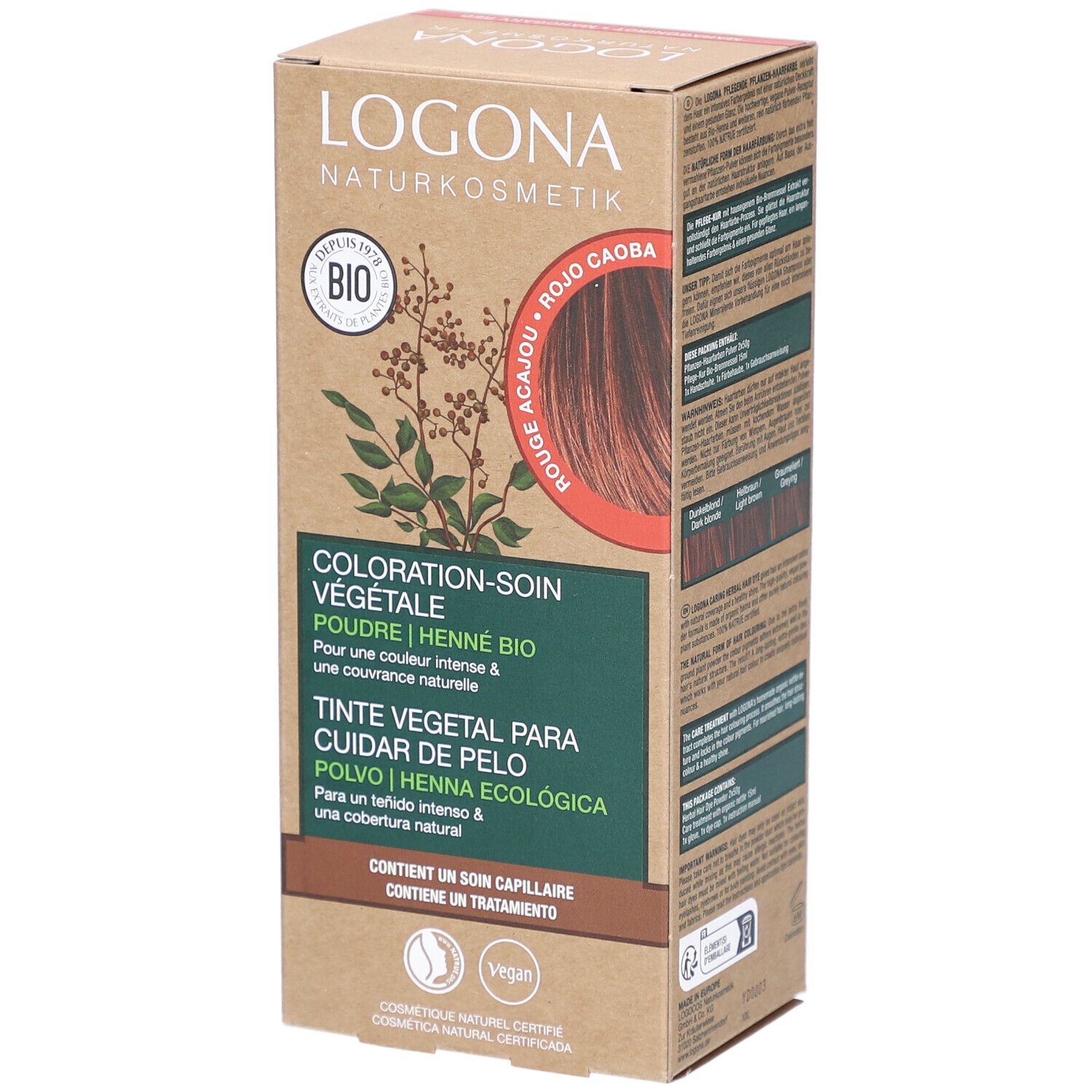 Logona coloration végétale en poudre, rouge acajou. Boîte avec informations et logo. Vegan.