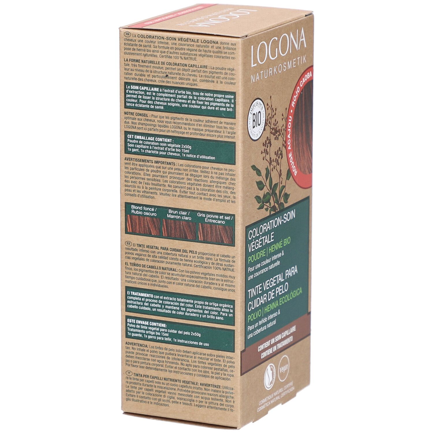 Logona coloration végétale en poudre, rouge acajou. Boîte avec informations et logo. Texte au dos. Vegan.