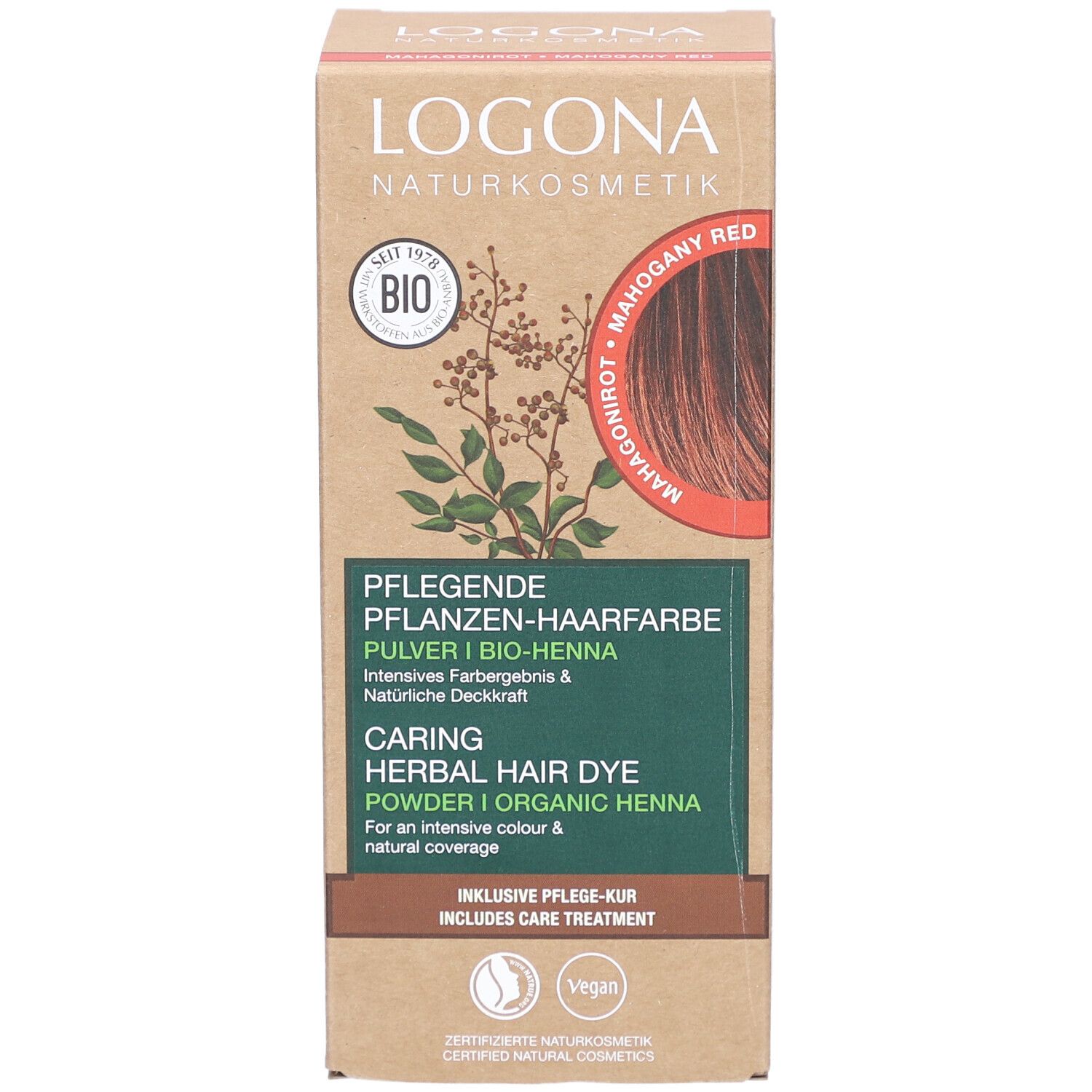 Logona coloration végétale en poudre, acajou rouge bio. Boîte avec informations et logo. Vegan.