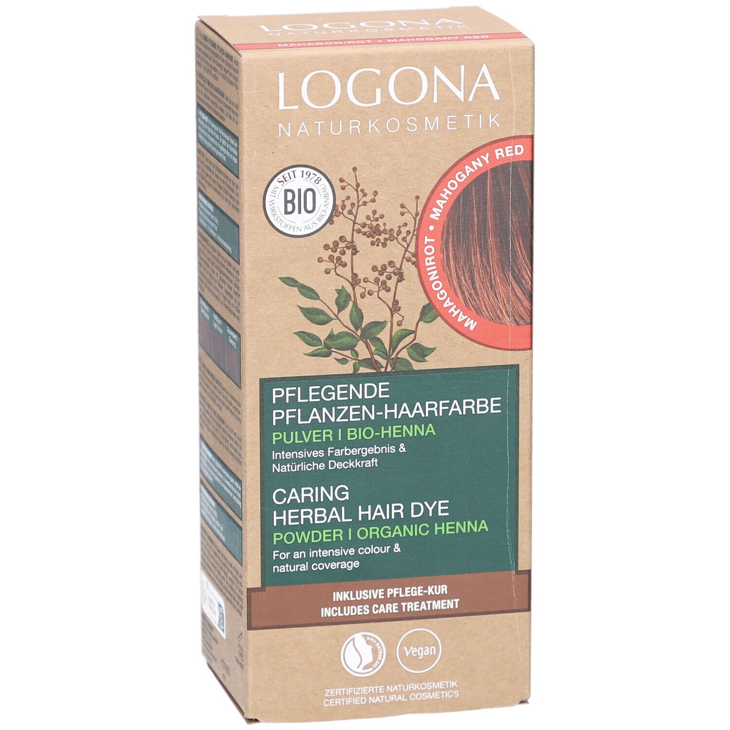 Logona coloration végétale en poudre, acajou rouge bio. Boîte avec informations et logo. Vegan.