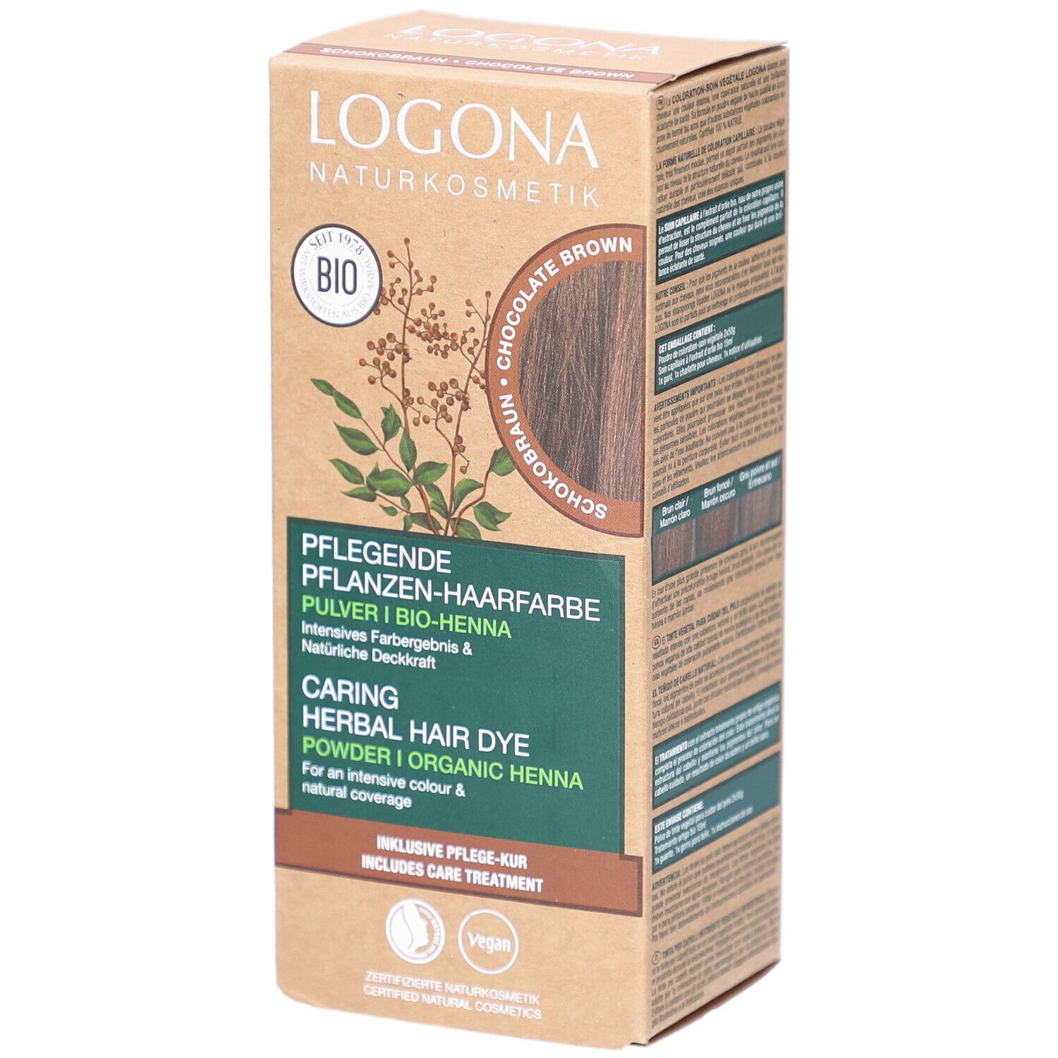 Boîte Logona coloration végétale, poudre, brun chocolat bio. Logo, label bio, et vegan. Inscription en allemand et anglais.