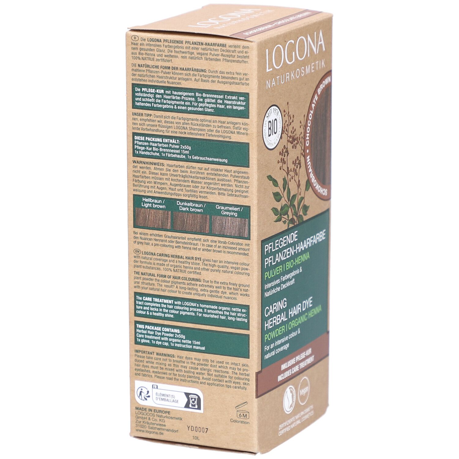 Dos de la boîte Logona coloration végétale. Texte en plusieurs langues, informations sur le produit, et exemples de couleurs.