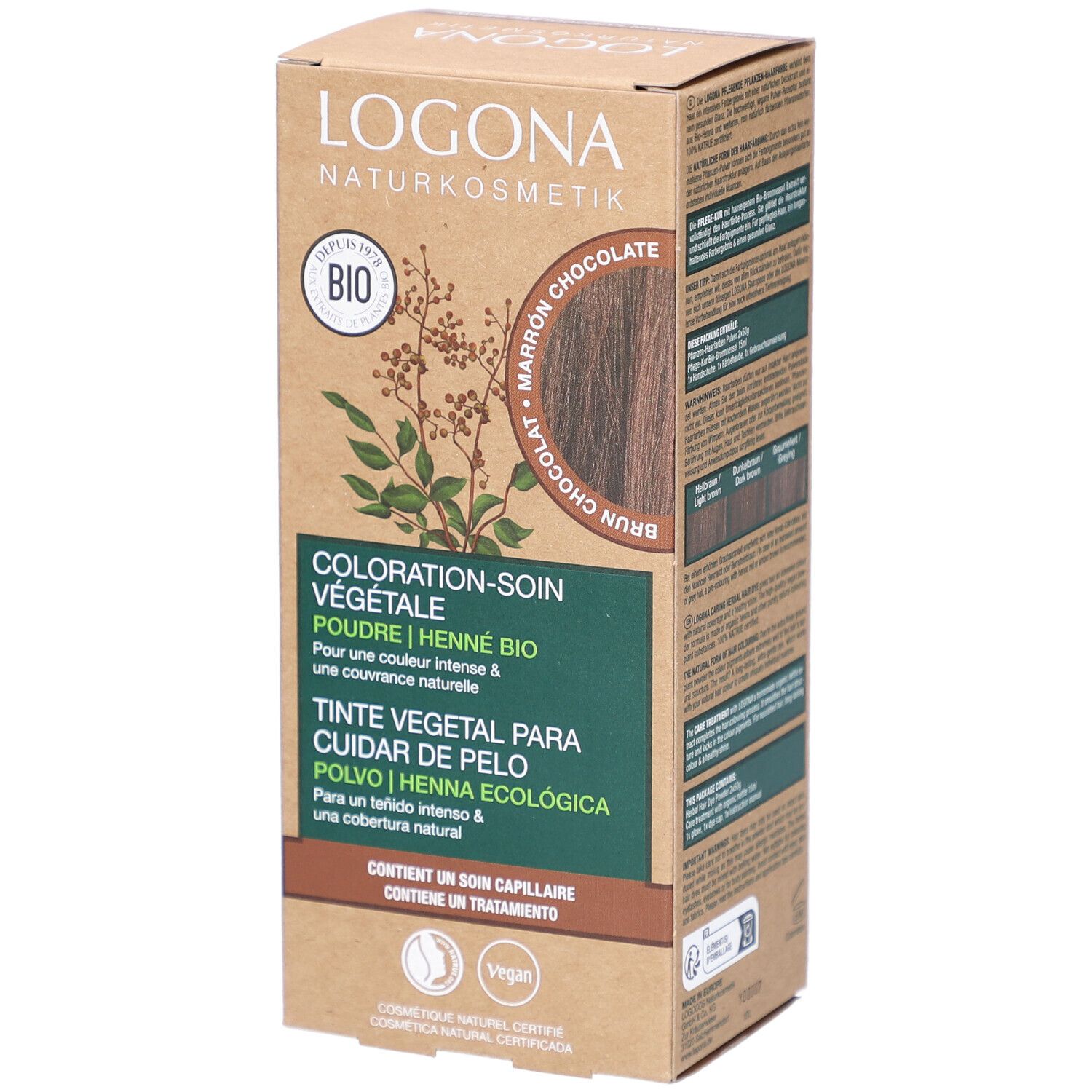 Boîte Logona coloration végétale, brun chocolat. Logo, label bio, vegan. Inscriptions en plusieurs langues.