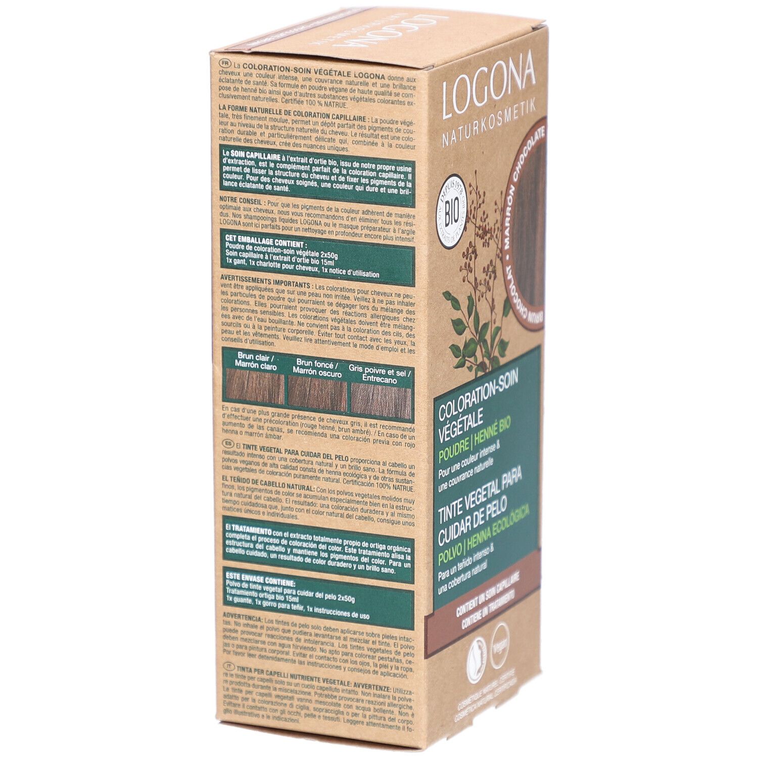 Dos de la boîte Logona coloration végétale. Texte multilingue, informations produit, exemples de couleurs.
