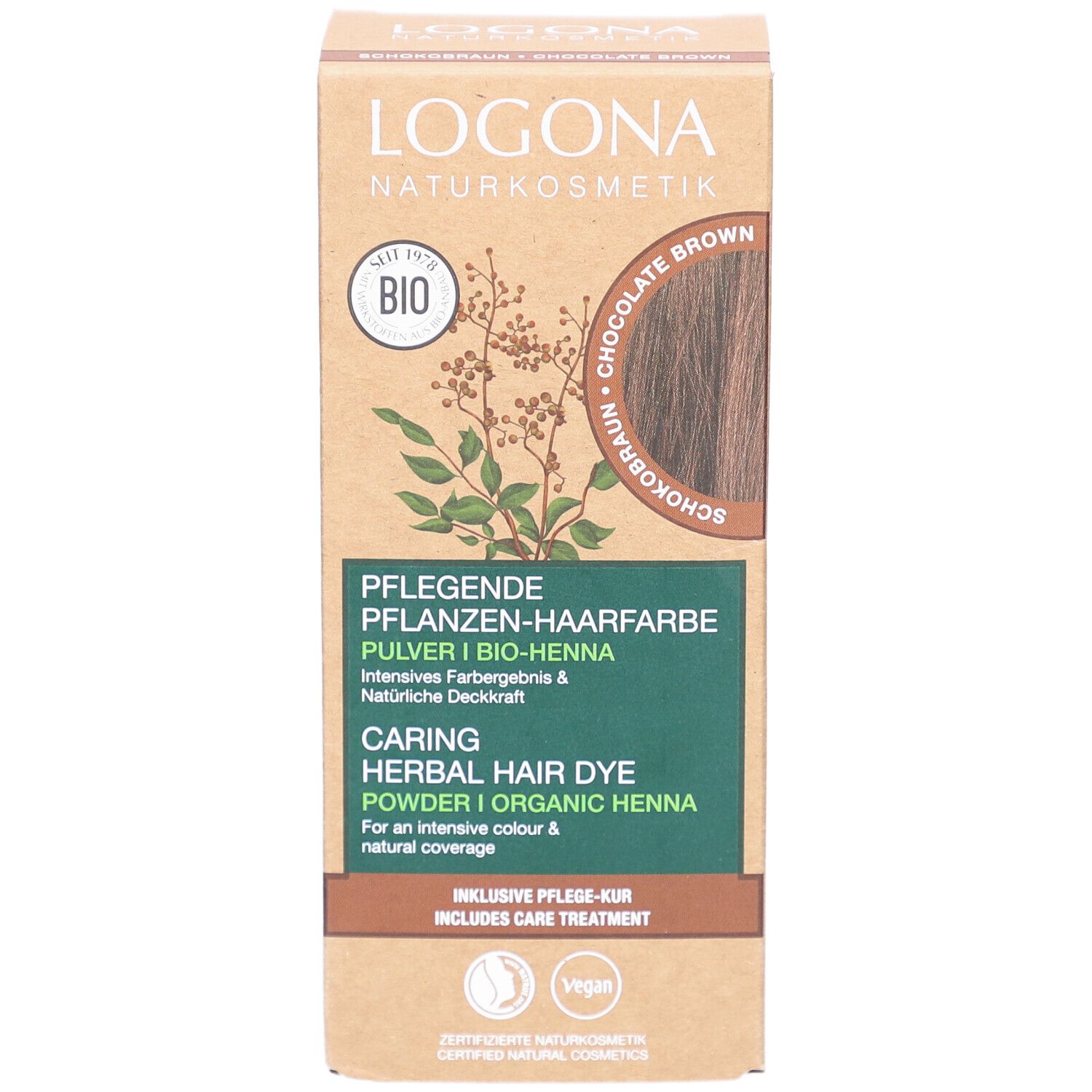 Boîte Logona coloration végétale, brun chocolat. Logo, label bio, vegan. Inscriptions en allemand et anglais.