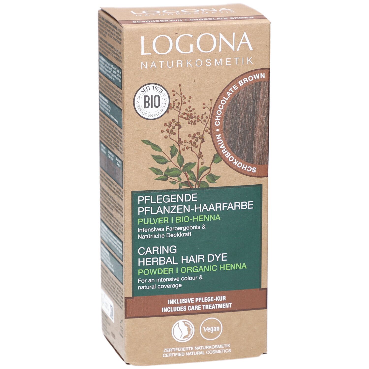 Boîte Logona coloration végétale, brun chocolat. Logo, label bio, vegan. Inscriptions en allemand et anglais.