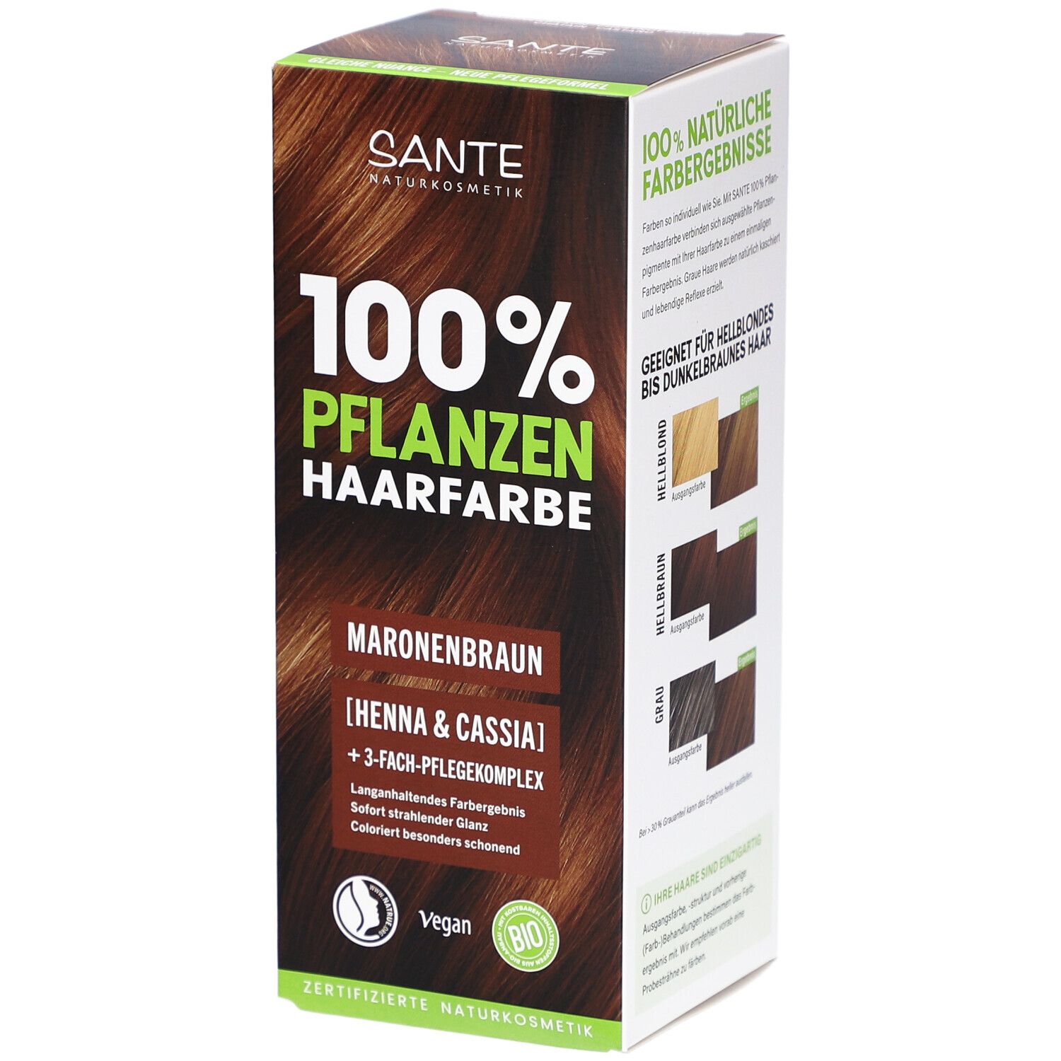 Boîte de coloration végétale. Inscription: 100% Pflanzenhaarfarbe, Maronenbraun. Logo Vegan et label Bio.