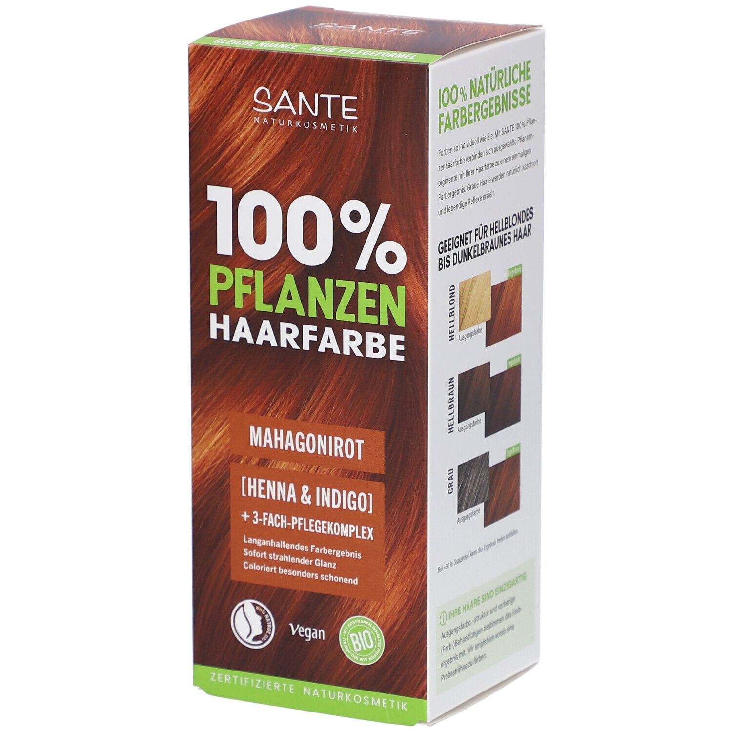Boîte de Sante Pflanzen Haarfarbe Mahagonirot. Inscriptions et logo. Label Vegan.
