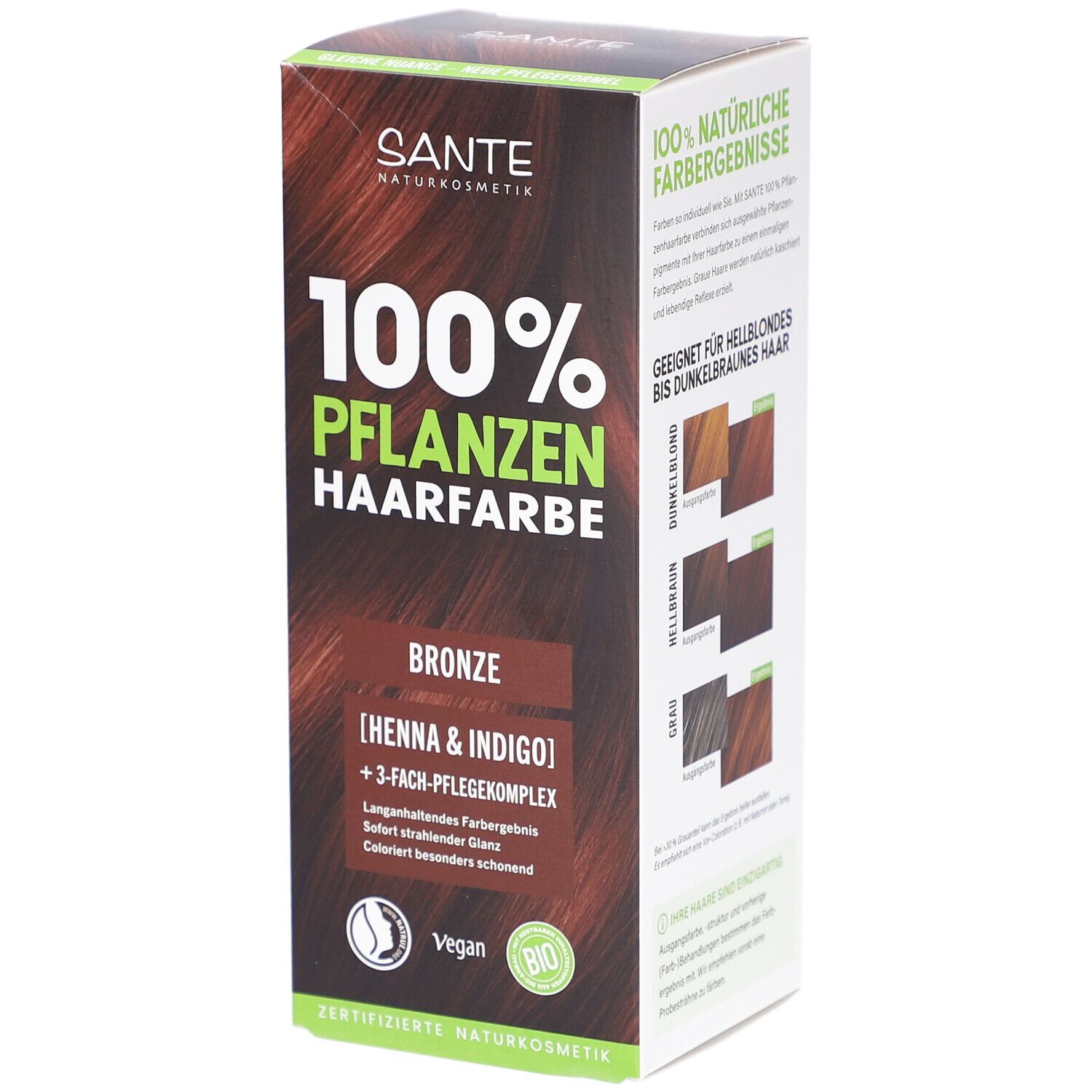 Boîte de SANTE 100% Pflanzenhaarfarbe, Bronze 03. Contient henné & indigo. Vegan et certifié bio.