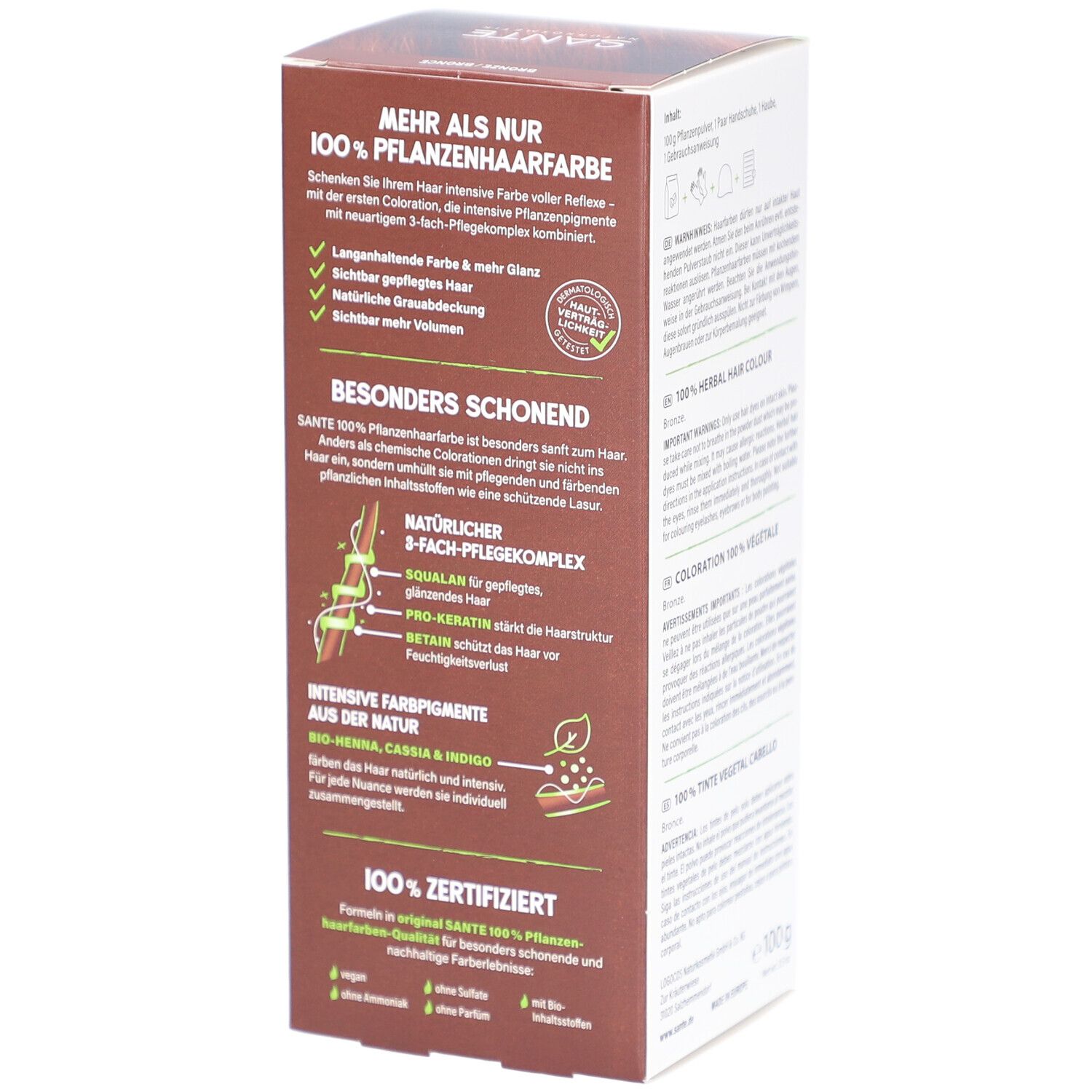 Boîte de SANTE 100% Pflanzenhaarfarbe. Informations sur le complexe de soins triple et les ingrédients. 100g.