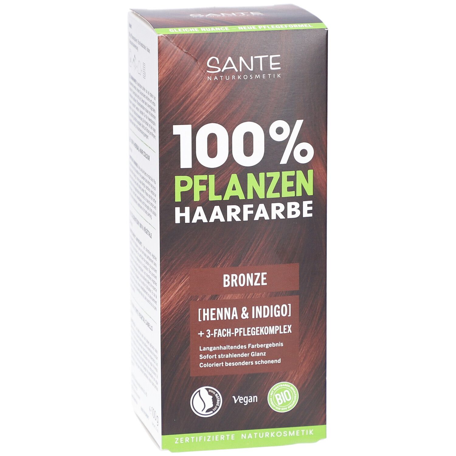 Boîte de SANTE 100% Pflanzenhaarfarbe, Bronze 03. Contient henné & indigo. Vegan et certifié bio.
