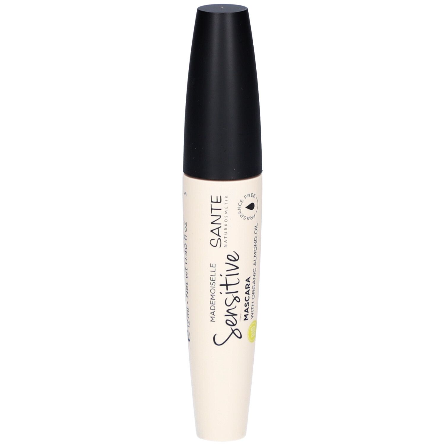 Tube de mascara noir et blanc. Inscription: SANTE Sensitive Mascara mit Bio-Mandelöl. Label vegan.
