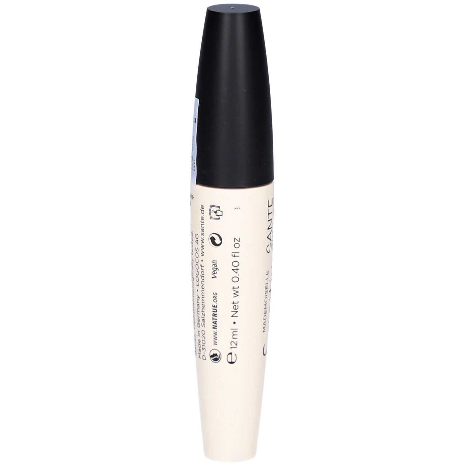 Tube de mascara noir et blanc. Inscription: SANTE. Informations et symboles au dos.