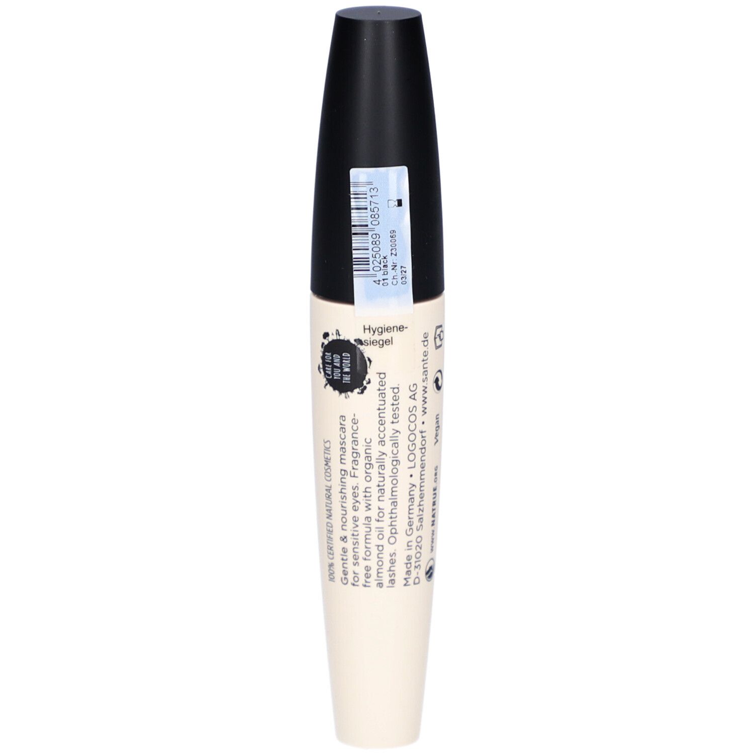Tube de mascara noir et blanc. Inscription: SANTE. Informations et symboles au dos. Code-barres.