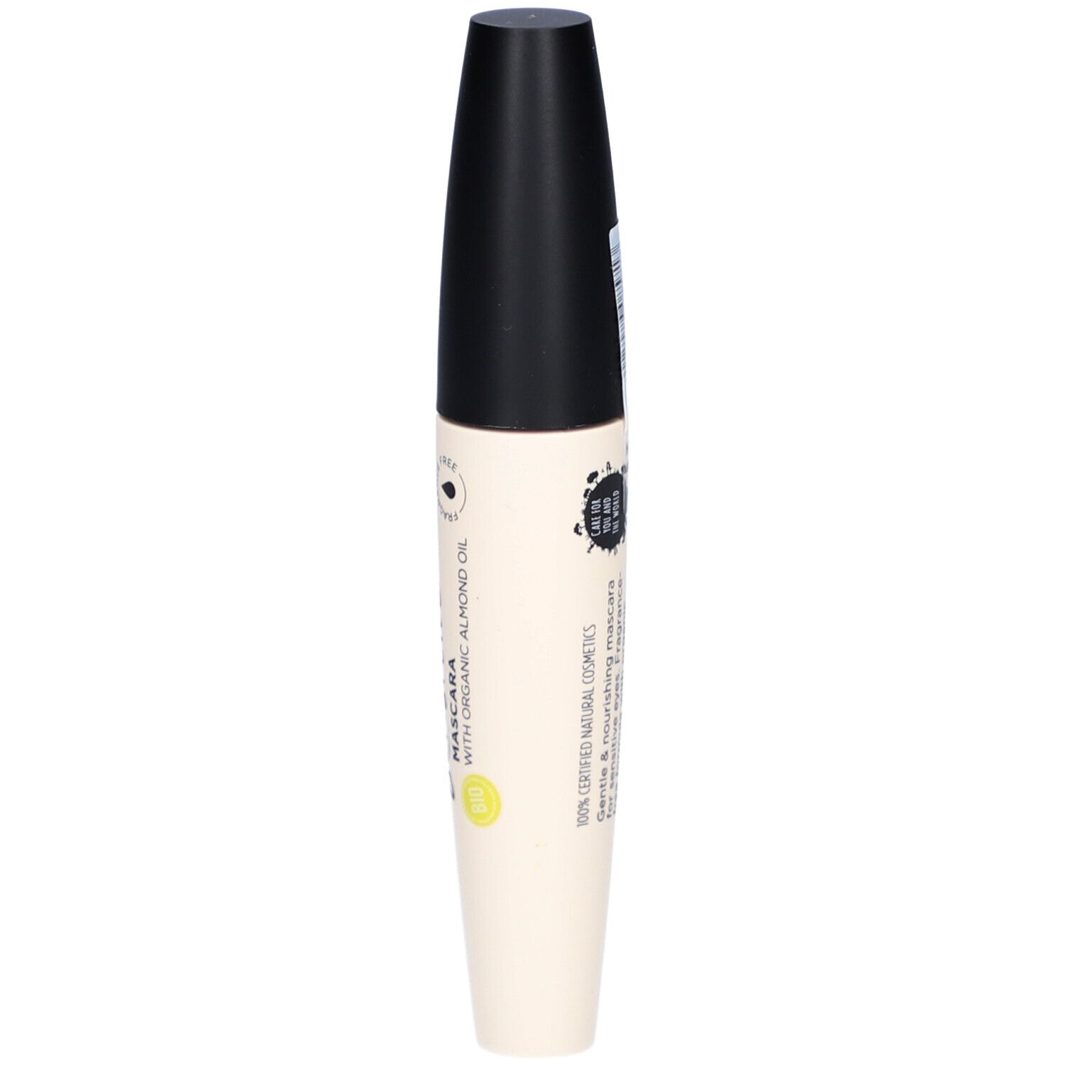 Tube de mascara noir et blanc. Inscription: SANTE. Informations et symboles au dos. Label vegan.