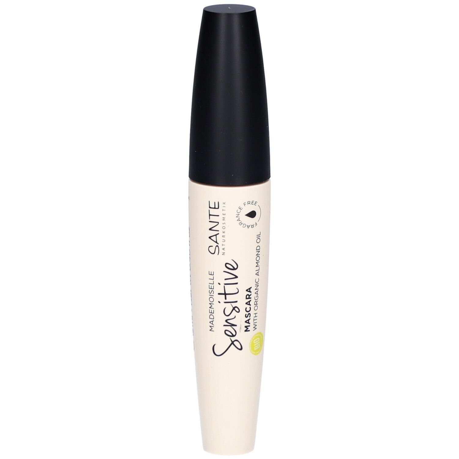 Tube de mascara noir et blanc. Inscription: SANTE Sensitive Mascara mit Bio-Mandelöl. Label vegan.