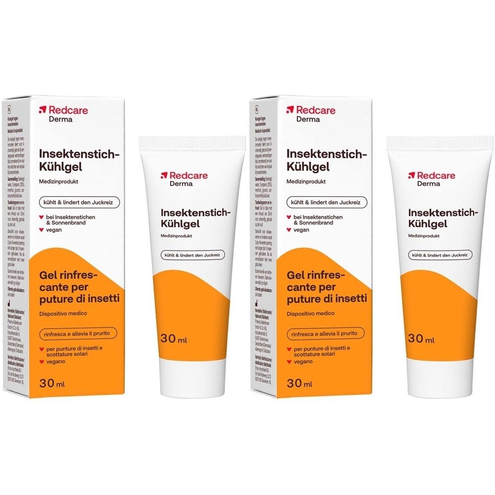 Deux tubes et deux boîtes de gel rafraîchissant. Inscription : Insektenstich-Kühlgel, Redcare Derma. 30ml.