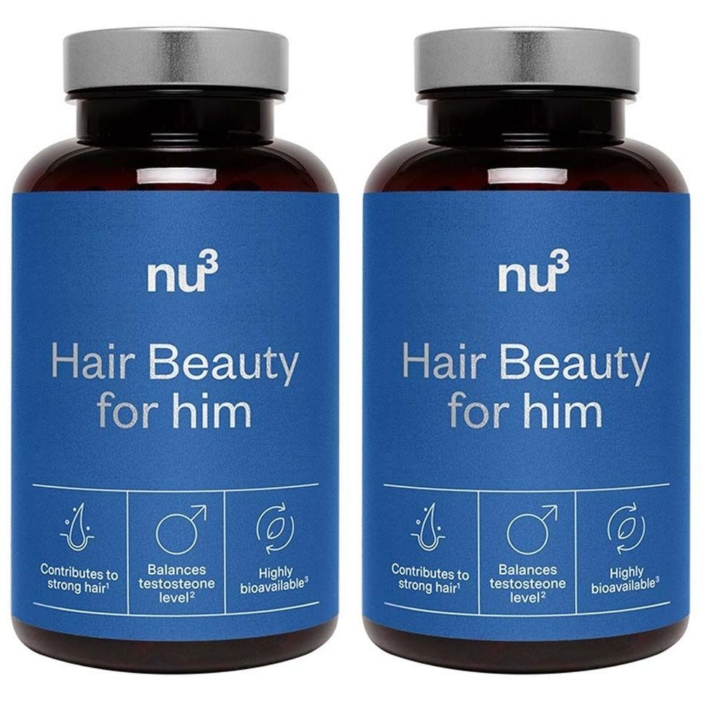 Deux flacons de nu3 Hair Beauty for him. Étiquettes bleues avec texte blanc. Contient des gélules pour cheveux forts, niveau de testostérone et biodisponibilité.