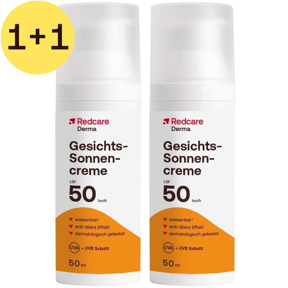 Deux flacons de crème solaire visage Redcare Derma SPF 50. Flacons blancs avec étiquette orange. Texte: Crème solaire visage, SPF 50, Redcare Derma. Offre 1+1.
