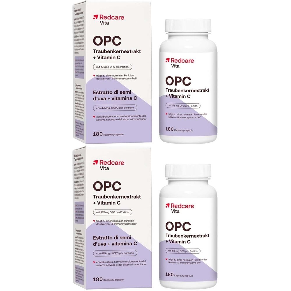 Deux boîtes et deux flacons de Redcare Vita OPC Extrait de pépins de raisin + Vitamine C. Flacons blancs, emballage blanc avec informations.