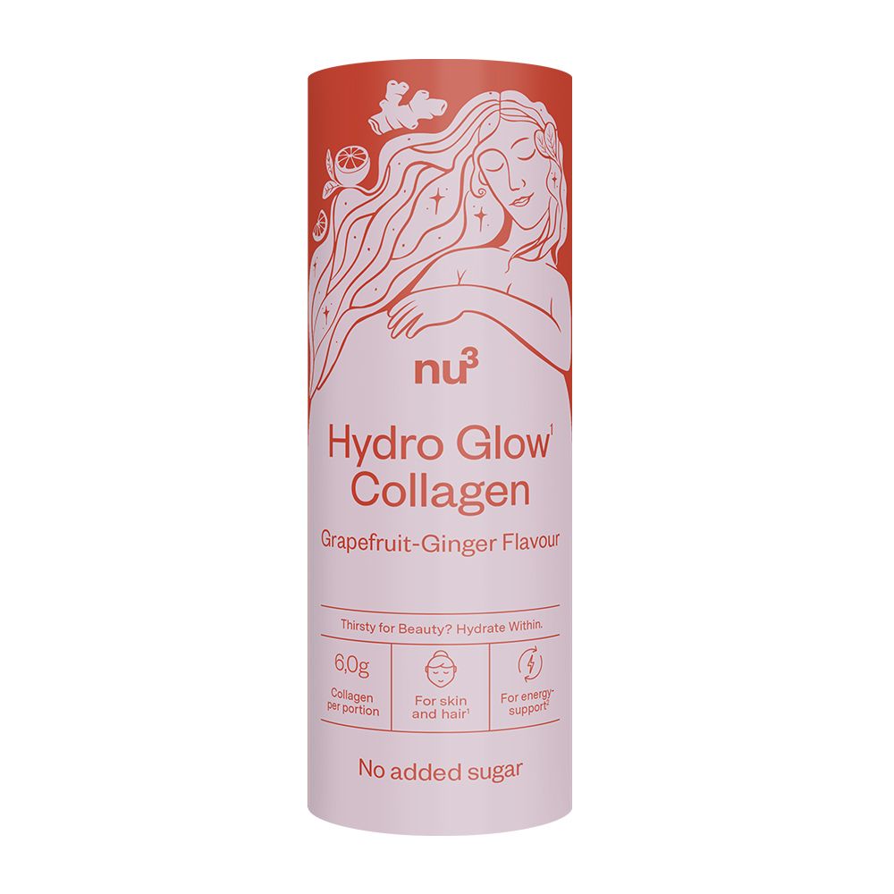 Boîte cylindrique de nu3 Hydro Glow Collagen. Emballage rouge avec illustration et informations produit.
