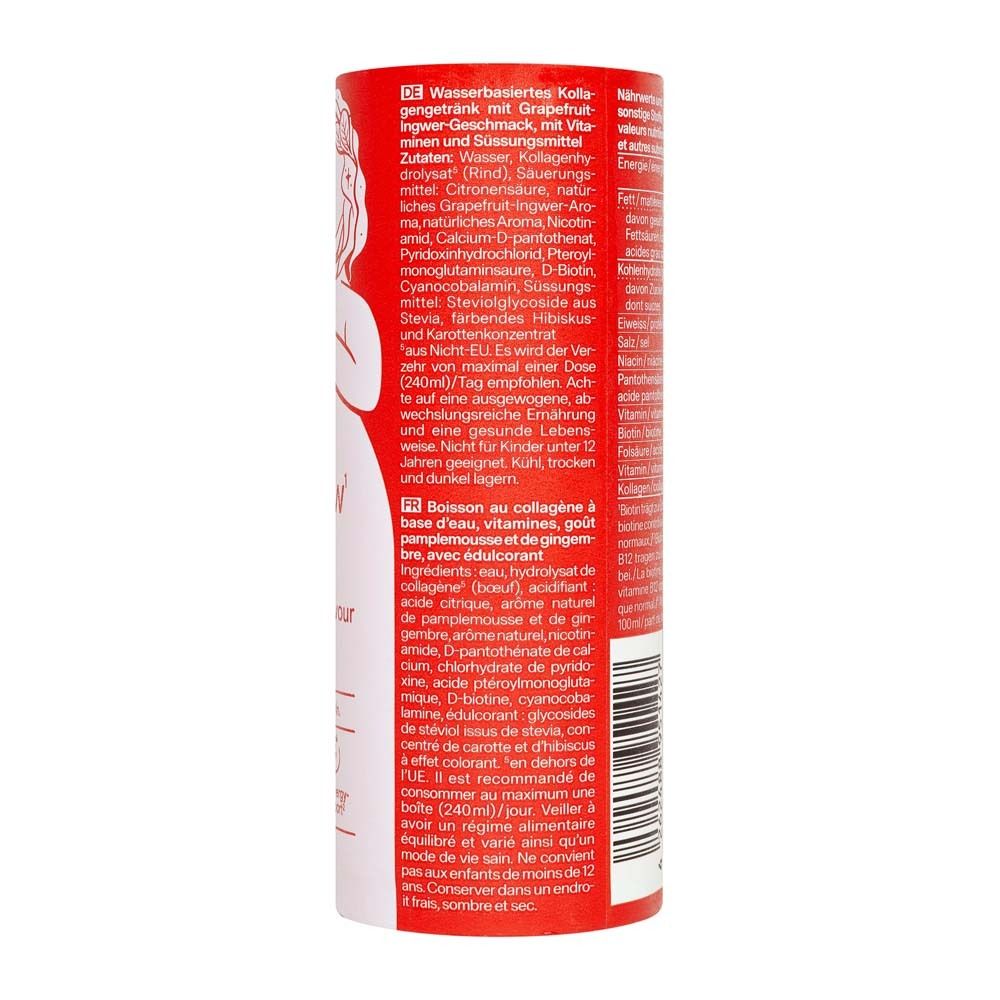 Dos de la boîte cylindrique rouge. Contient ingrédients et informations nutritionnelles. Texte en allemand et français. Avec code QR et logo.