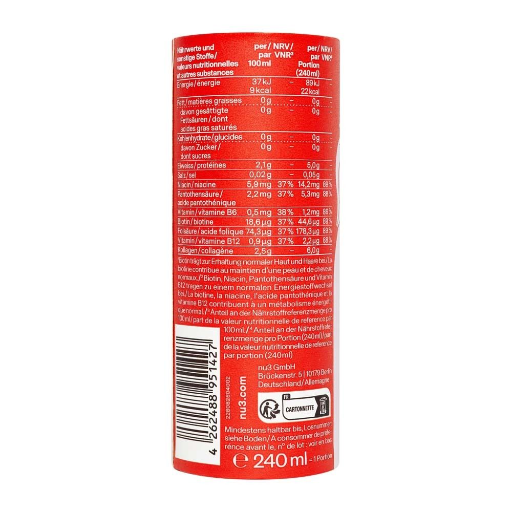 Dos de la boîte cylindrique rouge. Contient informations nutritionnelles pour 100ml et par portion (240ml). Avec code-barres et adresse du fabricant.