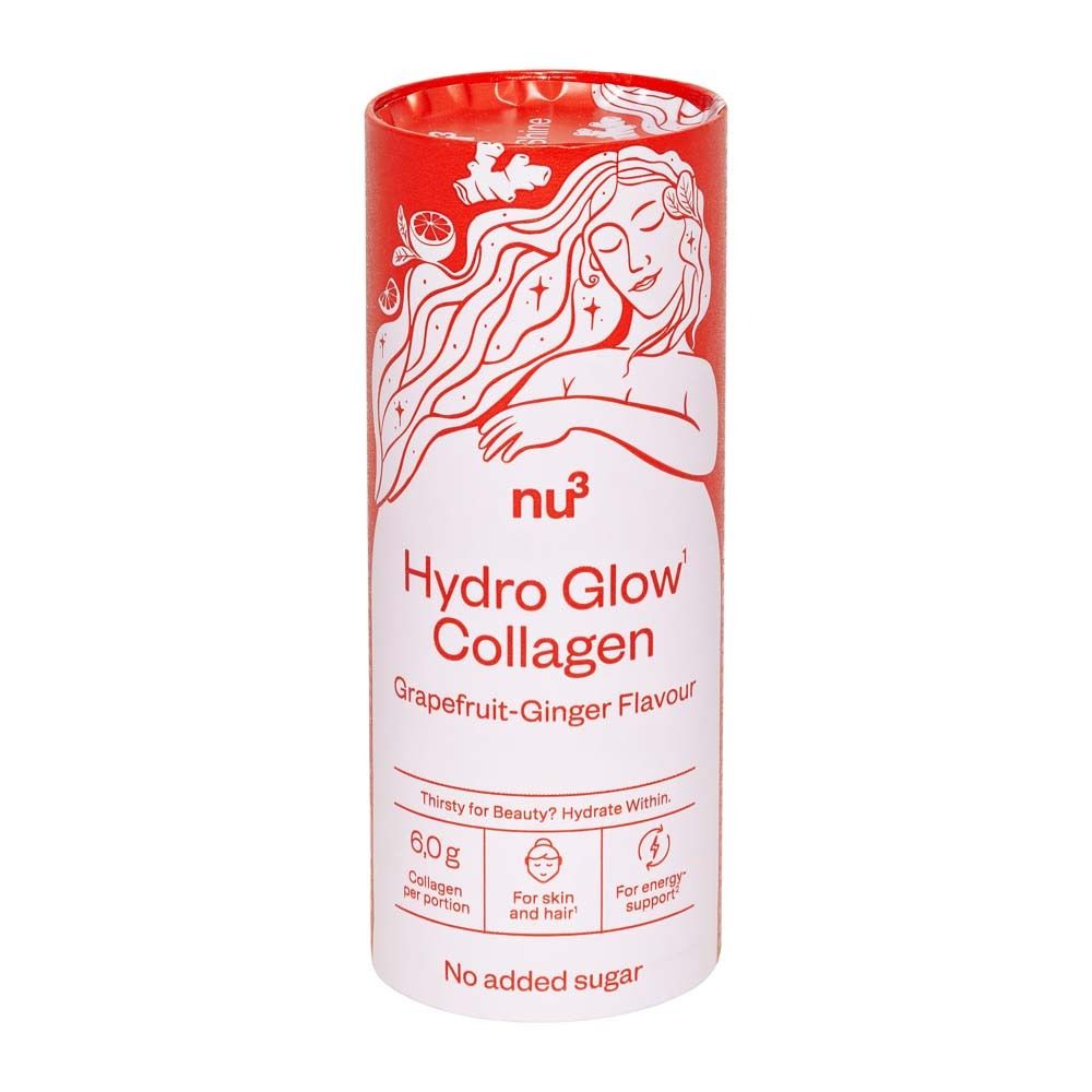 Boîte cylindrique rouge. Inscription: nu3 Hydro Glow Collagen, goût pamplemousse-gingembre. Contient 6,0g de collagène par portion.