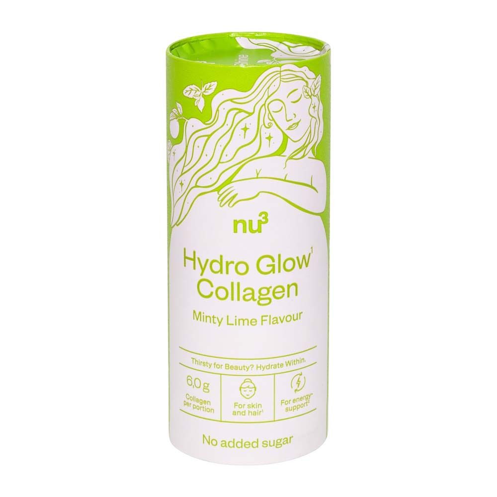 Boîte cylindrique avec couvercle vert. Inscription: nu3 Hydro Glow Collagen, Minty Lime Flavour. Illustration d'une femme.