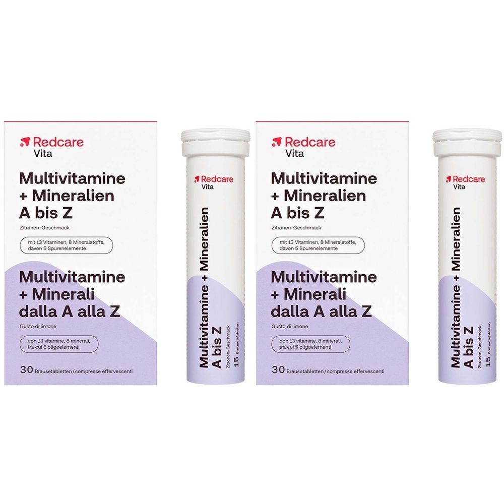 Trois boîtes et un tube de Redcare Vita Multivitamine + Mineralien A bis Z. Emballage blanc avec des accents violets et informations sur le produit.