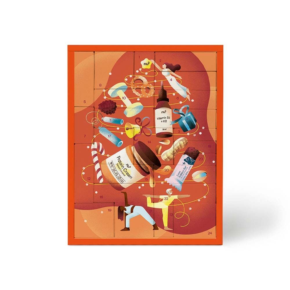 Calendrier de l'Avent avec illustrations de produits et de personnages. Cadre orange. Contient 24 cases numérotées.