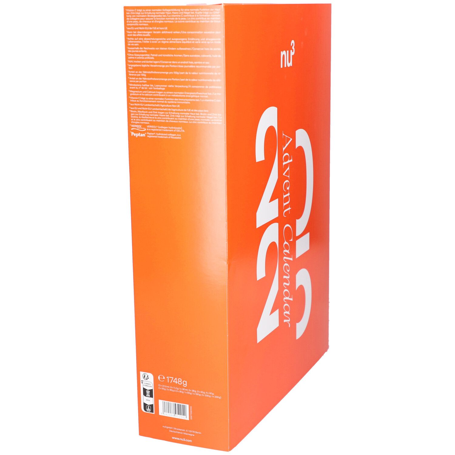 Calendrier de l'Avent orange avec inscription blanche. Vue latérale. Texte sur le côté.