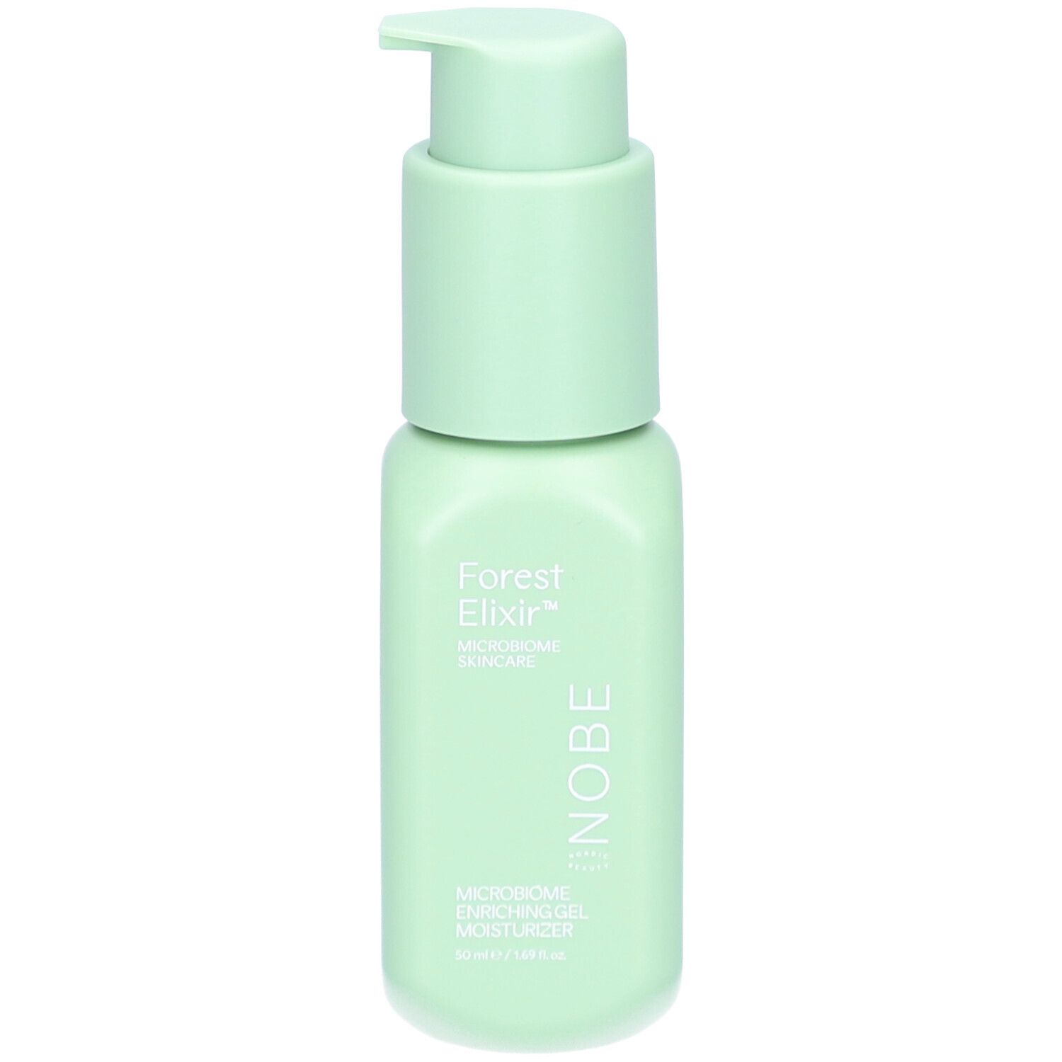 Crème hydratante gel microbiome Forest Elixir NOBE dans un flacon vert pâle avec pompe.