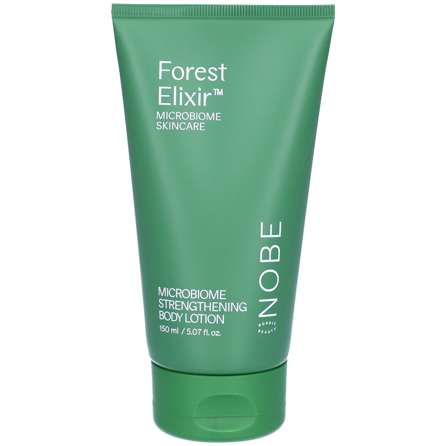 Tube verte avec texte: Forest Elixir, lotion pour le corps microbiome. Marque NOBE. Bouchon vert.