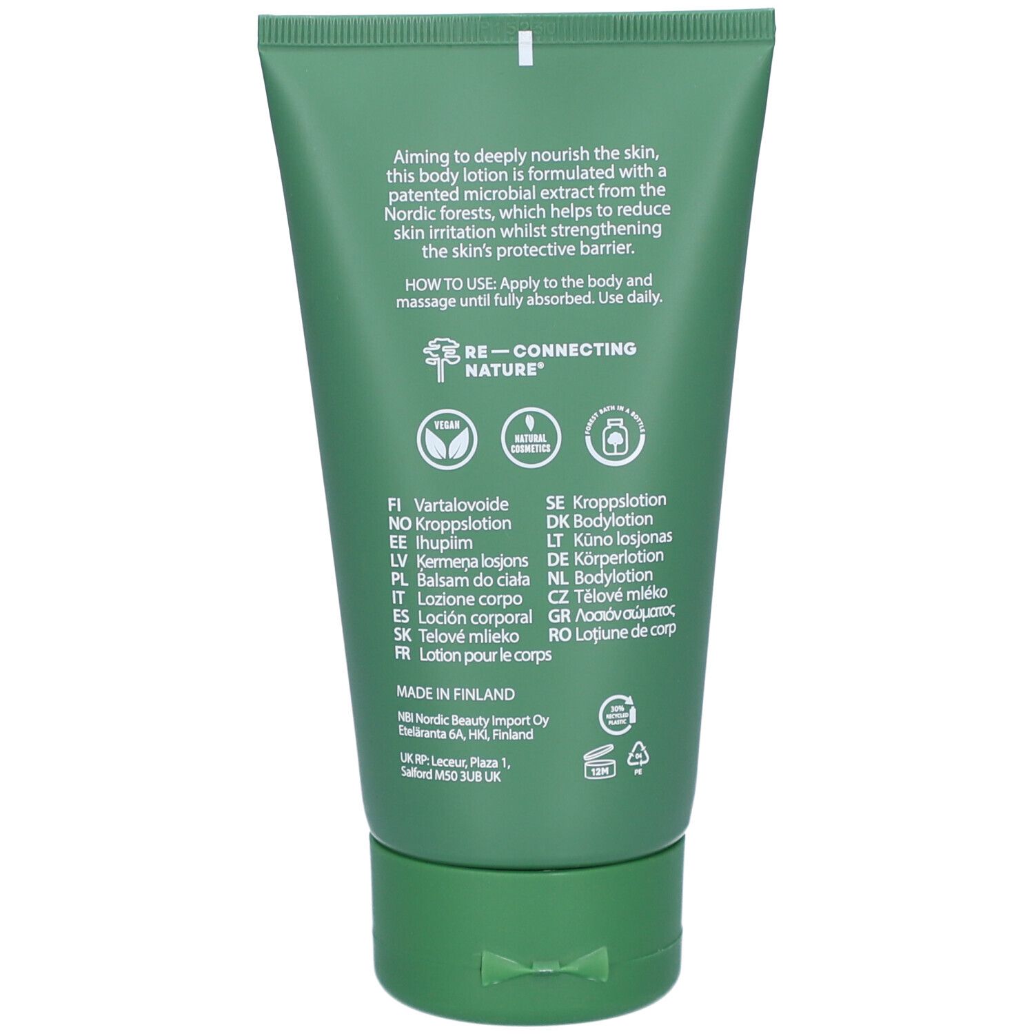 Dos de tube vert. Texte: Mode d'emploi, ingrédients, certifications. Fabriqué en Finlande.