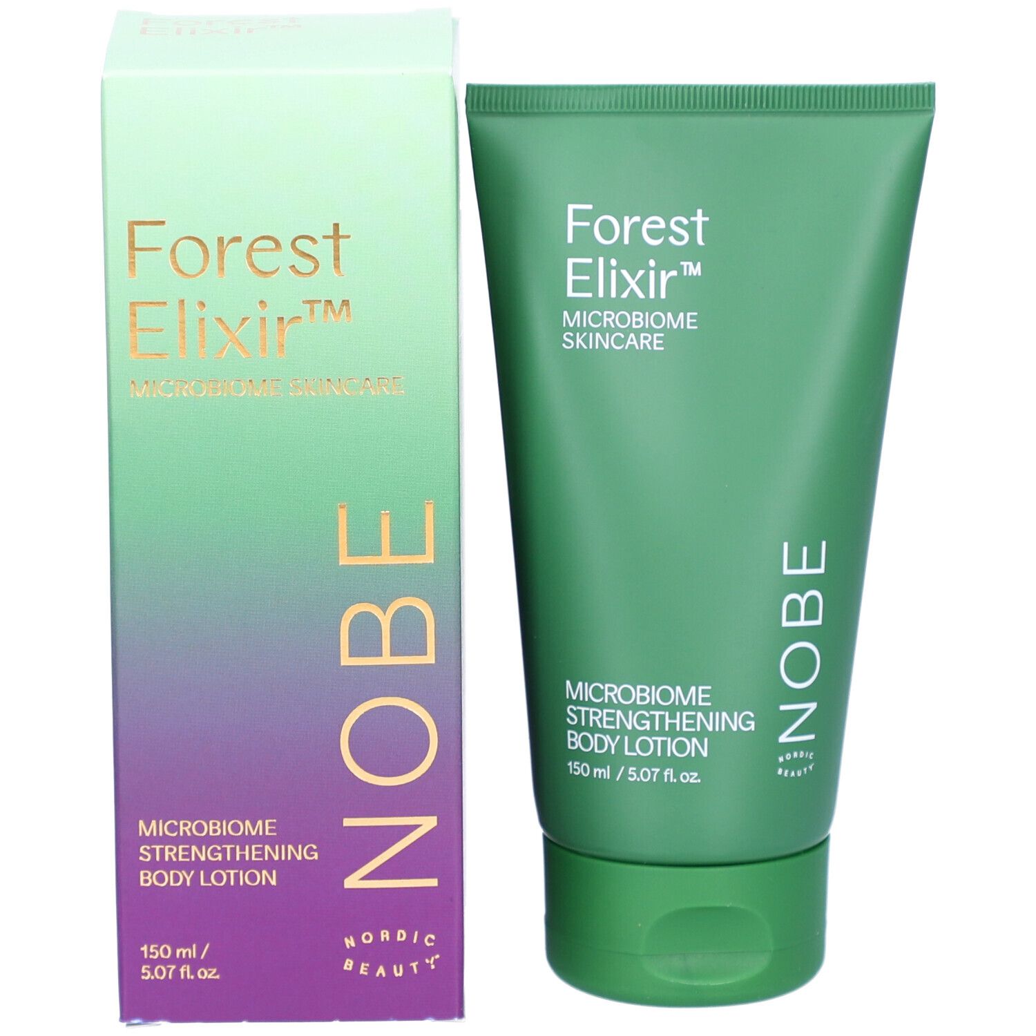 Tube vert et boîte. Texte: Forest Elixir, lotion pour le corps microbiome. Marque NOBE. Boîte dégradée.